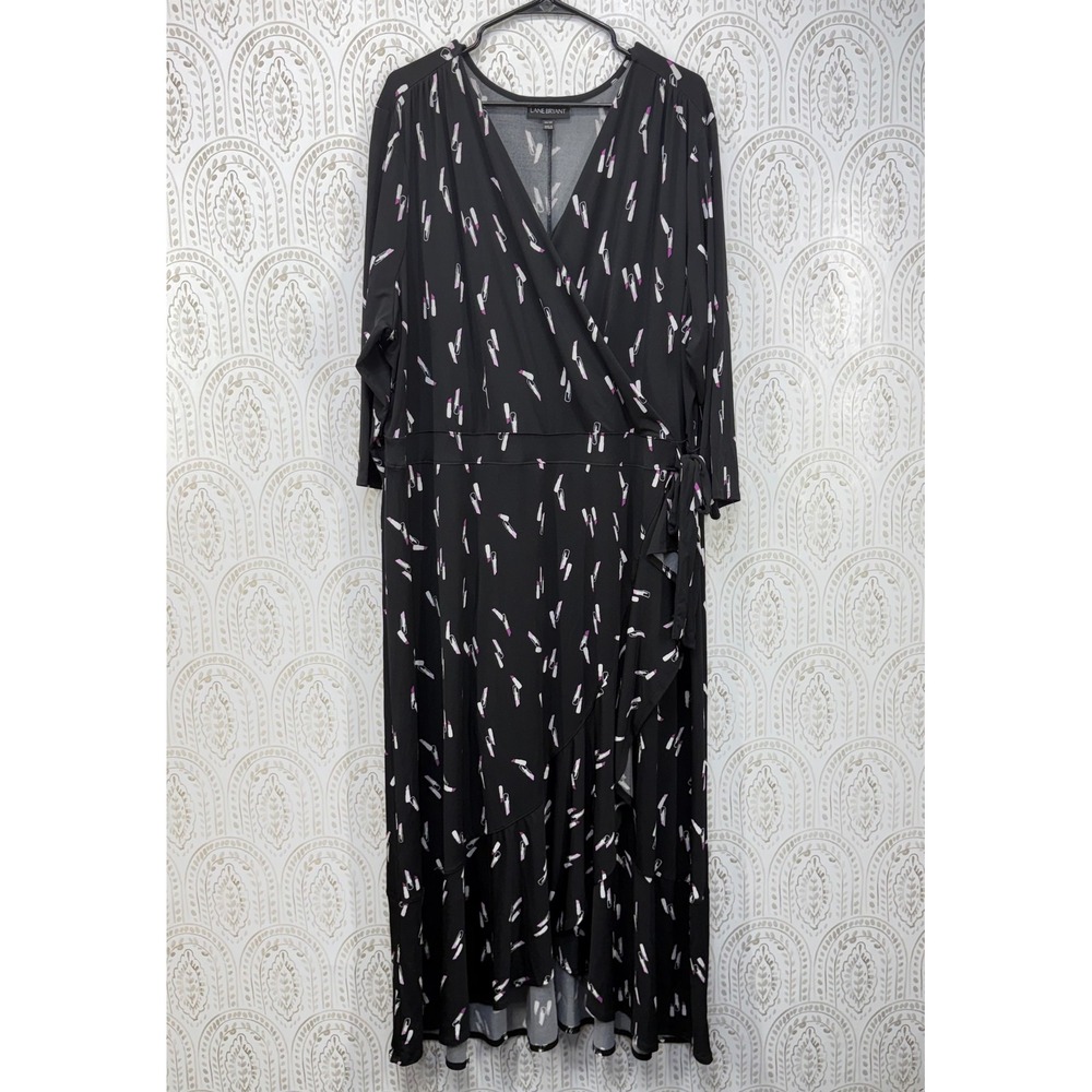 Lane Bryant Wrap Dress Women 4X Black Lipstick Print Maxi Long Sleeve V-Neck